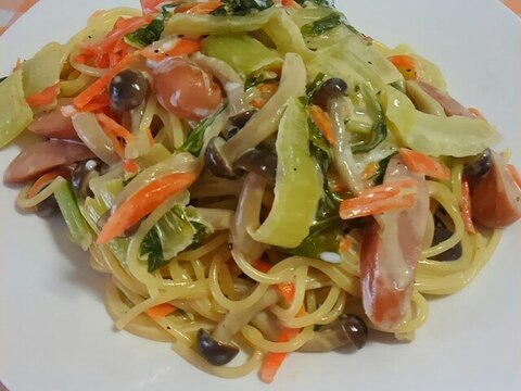 コンソキューブ1つ♪白菜ときのこのクリームパスタ☆